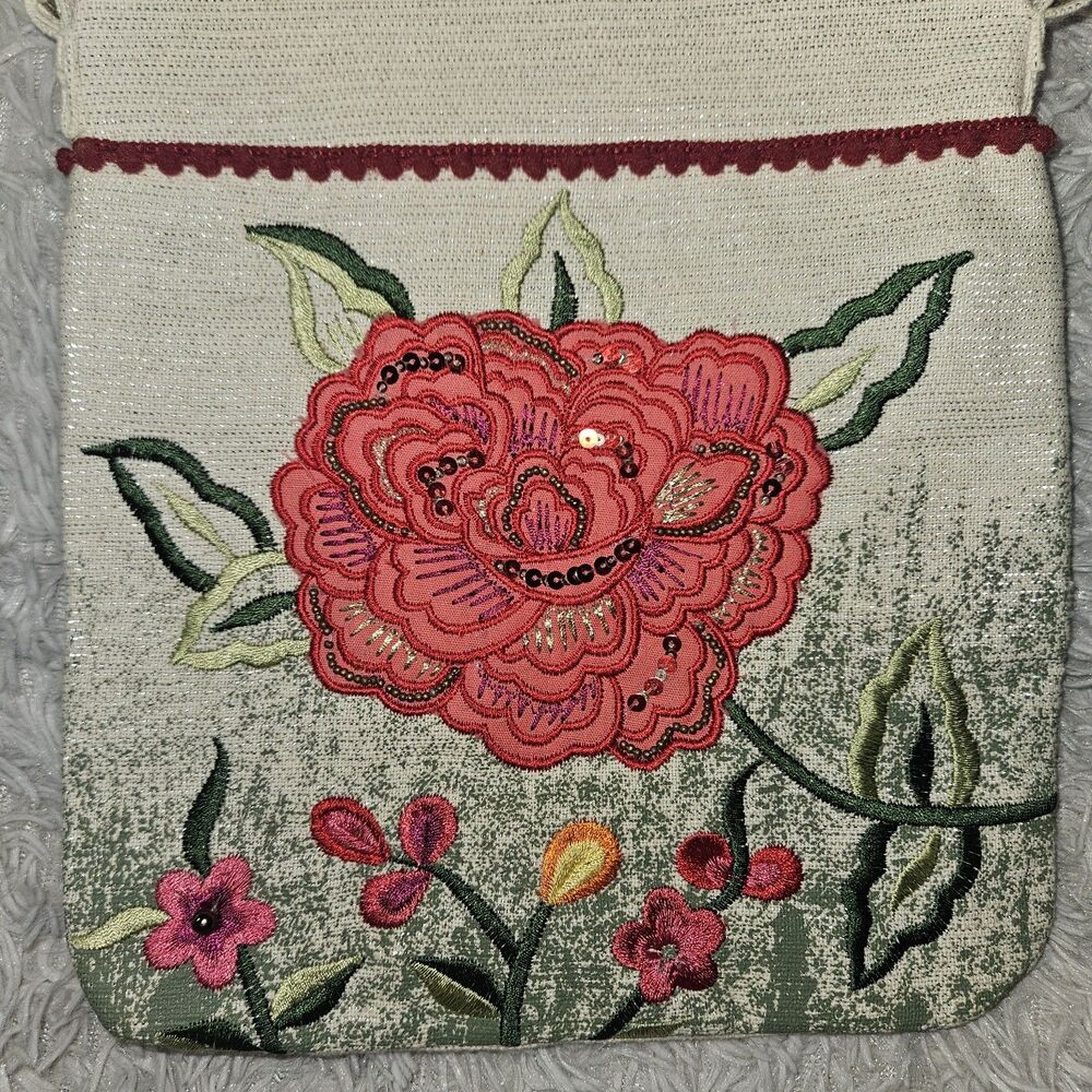 Embroidered Pink Rose Linen Crossbody Bag Purse Sequin Floral Metallic New - Picture 3 of 10